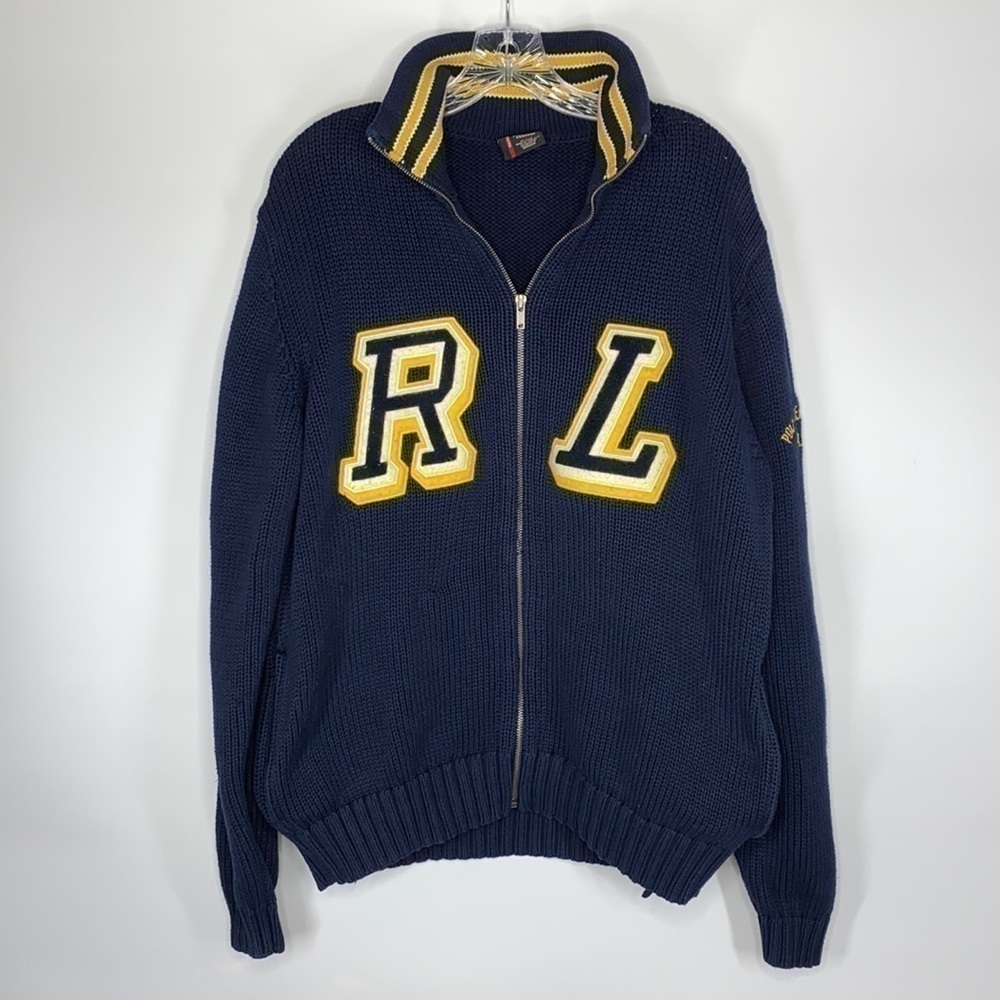 Vintage Polo Ralph Lauren Navy Blue Full Zip Big Initials Sweater Size Large